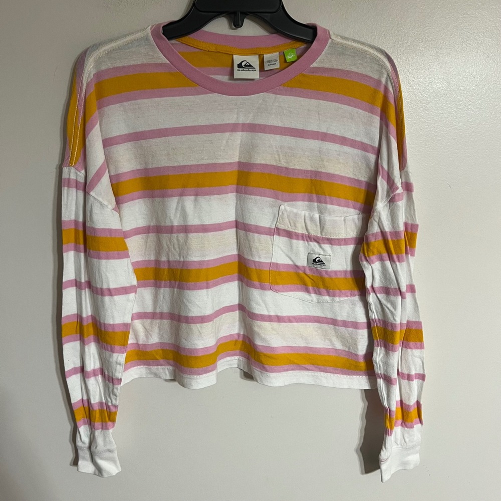 Quiksilver Womens Striped Long Sleeve Cropped Pocket T-Shirt Pink Yellow‎ Small